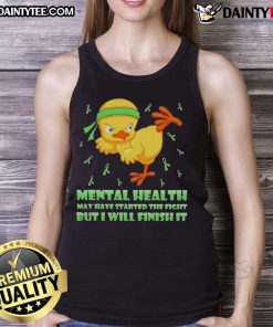 Alt Text: Cute cartoon chick in a karate kick pose on a tank top, symbolizing strength against mental cancer.