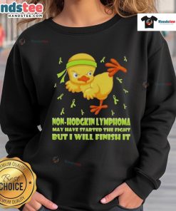 Cute cartoon chick delivering a karate kick on a sweatshirt, symbolizing strength in the fight against Non-Hodgkin Lymphoma.