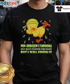 Alt Text: Cute cartoon chick performing a karate kick on a T-shirt, promoting awareness for Non-Hodgkin Lymphoma with empowering message.