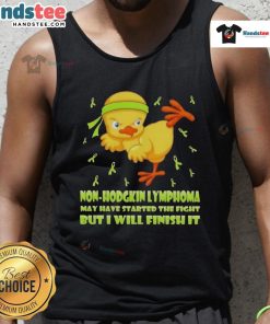 Cute cartoon chick performing a karate kick on a tank top, symbolizing strength against Non-Hodgkin Lymphoma.