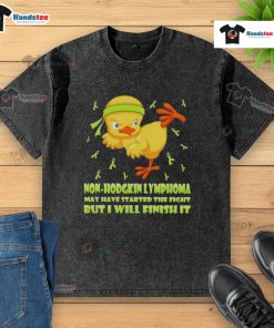 Cute cartoon chick karate kicking on a washed t-shirt, promoting awareness for Non-Hodgkin Lymphoma fight.