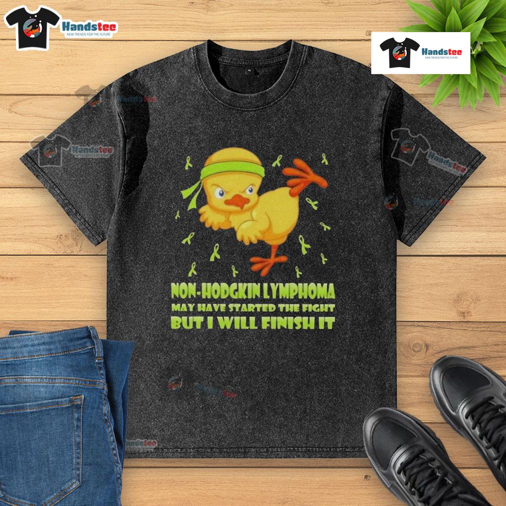 Cute Cartoon Chick Karate Kick Non-Hodgkin Lymphoma May Have Started The Fight But I Will Finish It Washed T-Shirt Cute cartoon chick karate kicking on a washed t-shirt, promoting awareness for Non-Hodgkin Lymphoma fight.