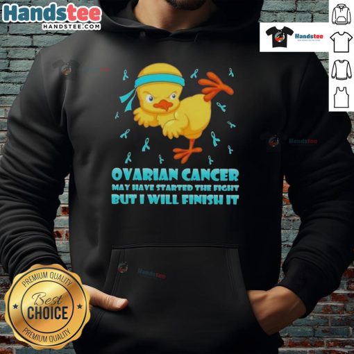 Alt Text: Cute cartoon chick performing a karate kick, promoting ovarian cancer awareness on a hoodie design.