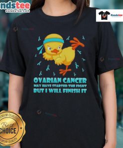 Adorable cartoon chick delivering a karate kick, promoting ovarian cancer awareness on a ladies' tee.