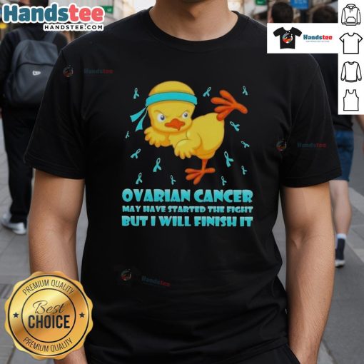 Cute cartoon chick performing a karate kick, representing ovarian cancer awareness on a motivational t-shirt design.