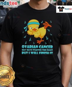 Cute cartoon chick performing a karate kick, representing ovarian cancer awareness on a motivational t-shirt design.