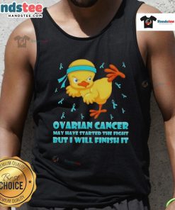 Cute cartoon chick delivering a karate kick in a tank top, symbolizing the fight against ovarian cancer.