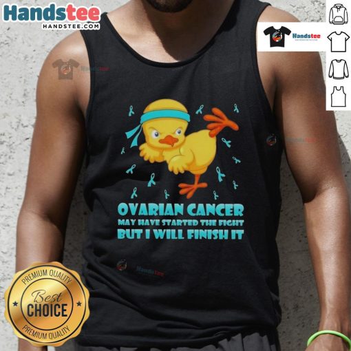 Cute cartoon chick delivering a karate kick in a tank top, symbolizing the fight against ovarian cancer.