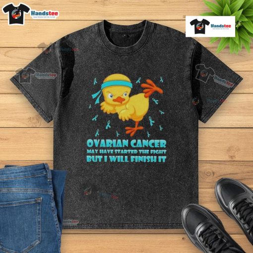 Alt Text: Cute cartoon chick in a karate kick pose on a washed t-shirt, symbolizing the fight against ovarian cancer.