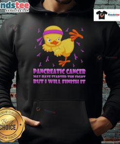 Cute cartoon chick in karate kick pose on hoodie, symbolizing strength against pancreatic cancer fight.