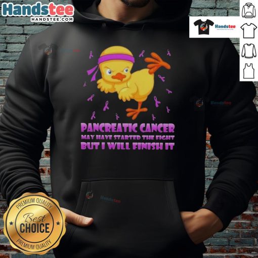 Cute cartoon chick in karate kick pose on hoodie, symbolizing strength against pancreatic cancer fight.