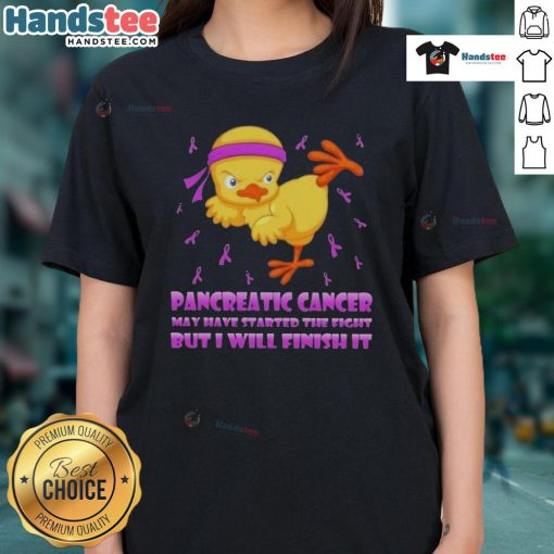 Adorable cartoon chick performing a karate kick, symbolizing strength in the fight against pancreatic cancer on a ladies' tee.
