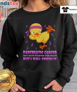 Adorable cartoon chick delivering a karate kick on a sweatshirt, promoting pancreatic cancer awareness with a fighting spirit.