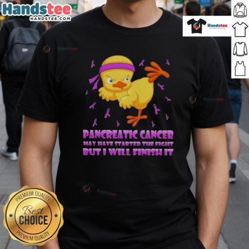 Alt Text: Cute cartoon chick performing a karate kick on a t-shirt, promoting pancreatic cancer awareness and strength.