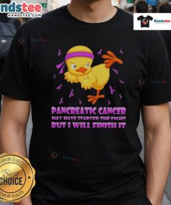 Alt Text: Cute cartoon chick performing a karate kick on a t-shirt, promoting pancreatic cancer awareness and strength.