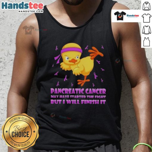 Adorable cartoon chick performing a karate kick, promoting pancreatic cancer awareness with the phrase 'I will finish it.'
