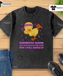 Cute cartoon chick doing a karate kick, promoting pancreatic cancer awareness on a washed t-shirt.