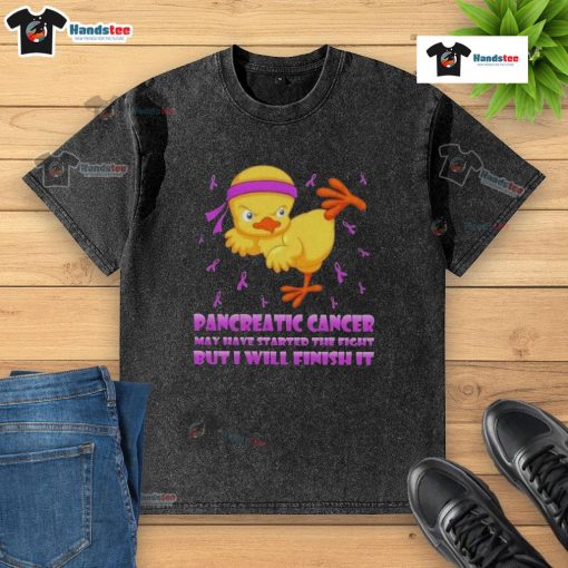 Cute cartoon chick doing a karate kick, promoting pancreatic cancer awareness on a washed t-shirt.