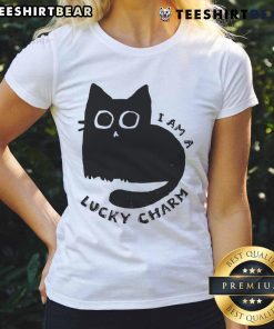 Cute cat graphic on a 'I Am A Lucky Charm' ladies tee, perfect for cat lovers and casual wear.