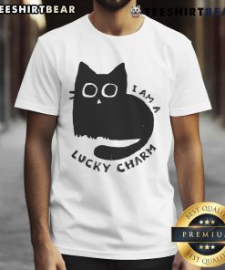 Alt Text: Cute cat graphic on 'I Am A Lucky Charm' t-shirt, perfect for cat lovers and charm enthusiasts.
