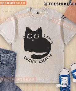 Cute cat on a 'I Am A Lucky Charm' washed t-shirt, showcasing its playful charm and vibrant colors. Perfect for cat lovers!