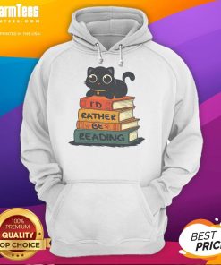 Adorable cat graphic on a cozy hoodie with the phrase 'I Would Rather Be Reading' for book lovers and cat enthusiasts.