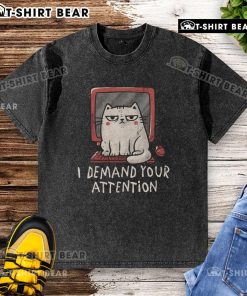 Cute cat on keyboard demanding attention, wearing a stylish washed t-shirt, perfect for cat lovers and shirt enthusiasts.