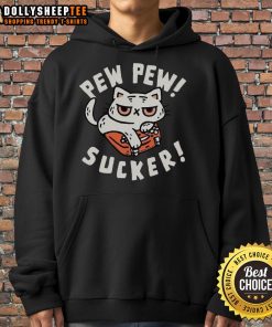 Cute cat wearing a Pew Pew Sucker hoodie, showcasing a playful design perfect for cat lovers and cozy fashion.