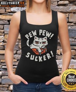 Cute cat pew pew sucker tank top featuring an adorable design perfect for cat lovers and casual summer wear.