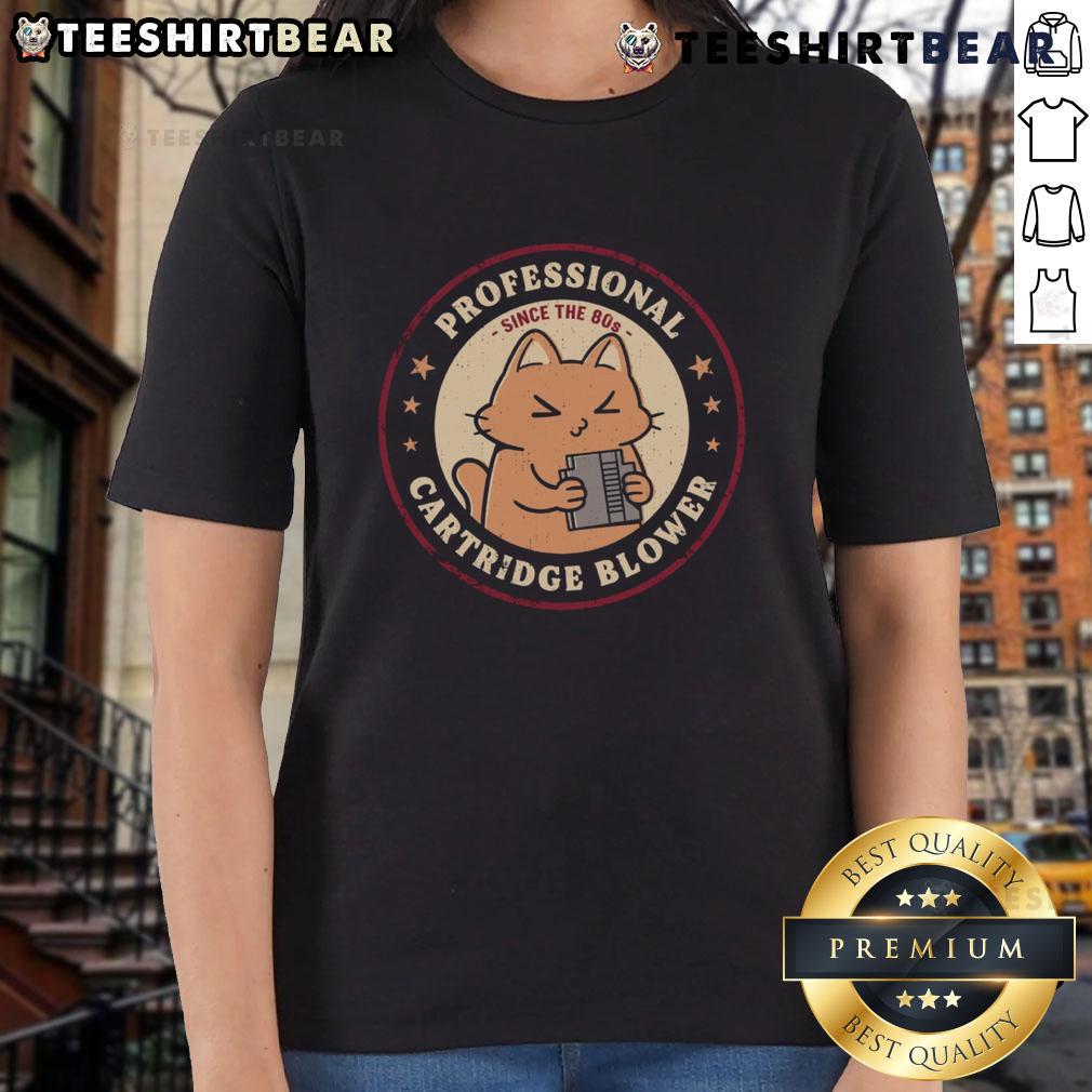 Cute Cat Pro Cartridge Blower Since The 80S Ladies Tee Alt Text: Cute cat graphic on a retro cartridge blower tee, perfect for ladies who love 80s style and feline charm.