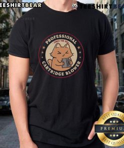 Vintage Cute Cat Pro Cartridge Blower T-Shirt design from the 80s featuring a playful cat graphic and retro style.