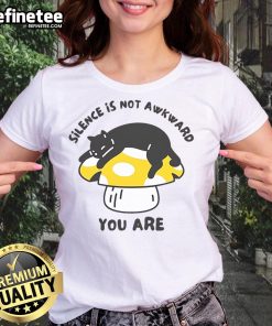 Cute cat graphic on a Silence Is Not Awkward, You Are ladies tee, perfect for cat lovers and humor enthusiasts.