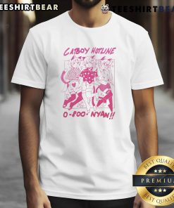 Alt Text: Cute Catboy Hotline 0-800 Nyan T-Shirt featuring an adorable catboy graphic and vibrant colors for anime fans.