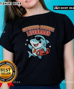 Cute Certified Summer Lifeguard Shark Ladies Tee featuring a playful shark design perfect for beach lovers.