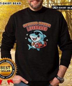 Alt Text: Cute certified summer lifeguard shark sweatshirt design featuring a playful shark and vibrant colors for beach lovers.