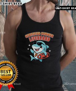Alt Text: Cute certified summer lifeguard shark tank top featuring a playful shark graphic, perfect for beach days and pool parties.
