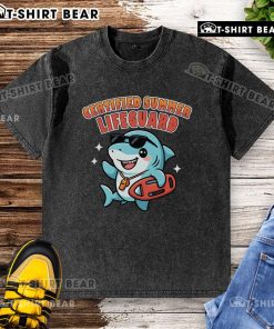 Cute certified summer lifeguard shark washed t-shirt featuring a playful shark design perfect for beach lovers.