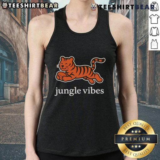 Cute Cincinnati Bengals Jungle Vibes Run Wild Tank Top featuring vibrant jungle graphics and team colors for fans.