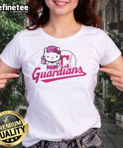 Alt Text: Cute Cleveland Guardians Hello Kitty 2025 baseball ladies tee featuring a playful design perfect for fans.