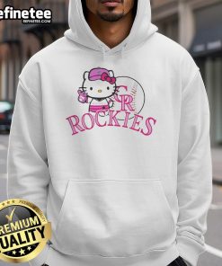 Alt Text: Cute Colorado Rockies Hello Kitty 2025 baseball hoodie featuring vibrant colors and playful design for fans.