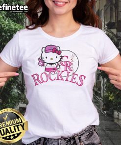 Alt Text: Cute Colorado Rockies Hello Kitty 2025 baseball ladies tee featuring vibrant colors and playful design for fans.