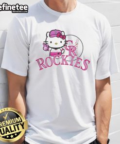 Alt Text: Cute Colorado Rockies Hello Kitty 2025 baseball t-shirt featuring a playful design perfect for fans and collectors.