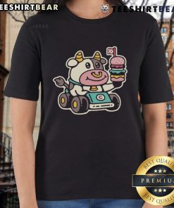 Alt Text: Cute cow burger racer graphic on a fast food ladies tee, perfect for casual and fun outfits.