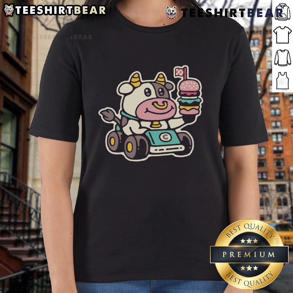 Cute Cow Burger Racer Fast Food Ladies Tee Alt Text: Cute cow burger racer graphic on a fast food ladies tee, perfect for casual and fun outfits.