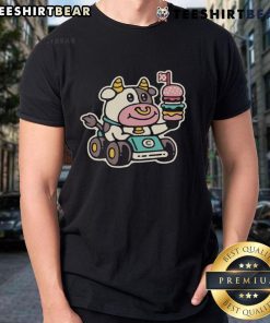 Alt Text: Cute Cow Burger Racer Fast Food T-Shirt featuring a playful cow driving a burger-themed race car design.