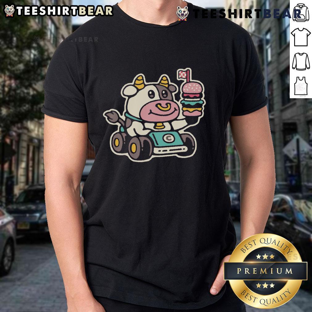 Cute Cow Burger Racer Fast Food T Shirt Alt Text: Cute Cow Burger Racer Fast Food T-Shirt featuring a playful cow driving a burger-themed race car design.