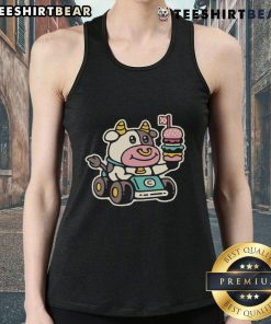 Cute cow burger racer graphic on a fast food tank top, perfect for food lovers and casual wear enthusiasts.
