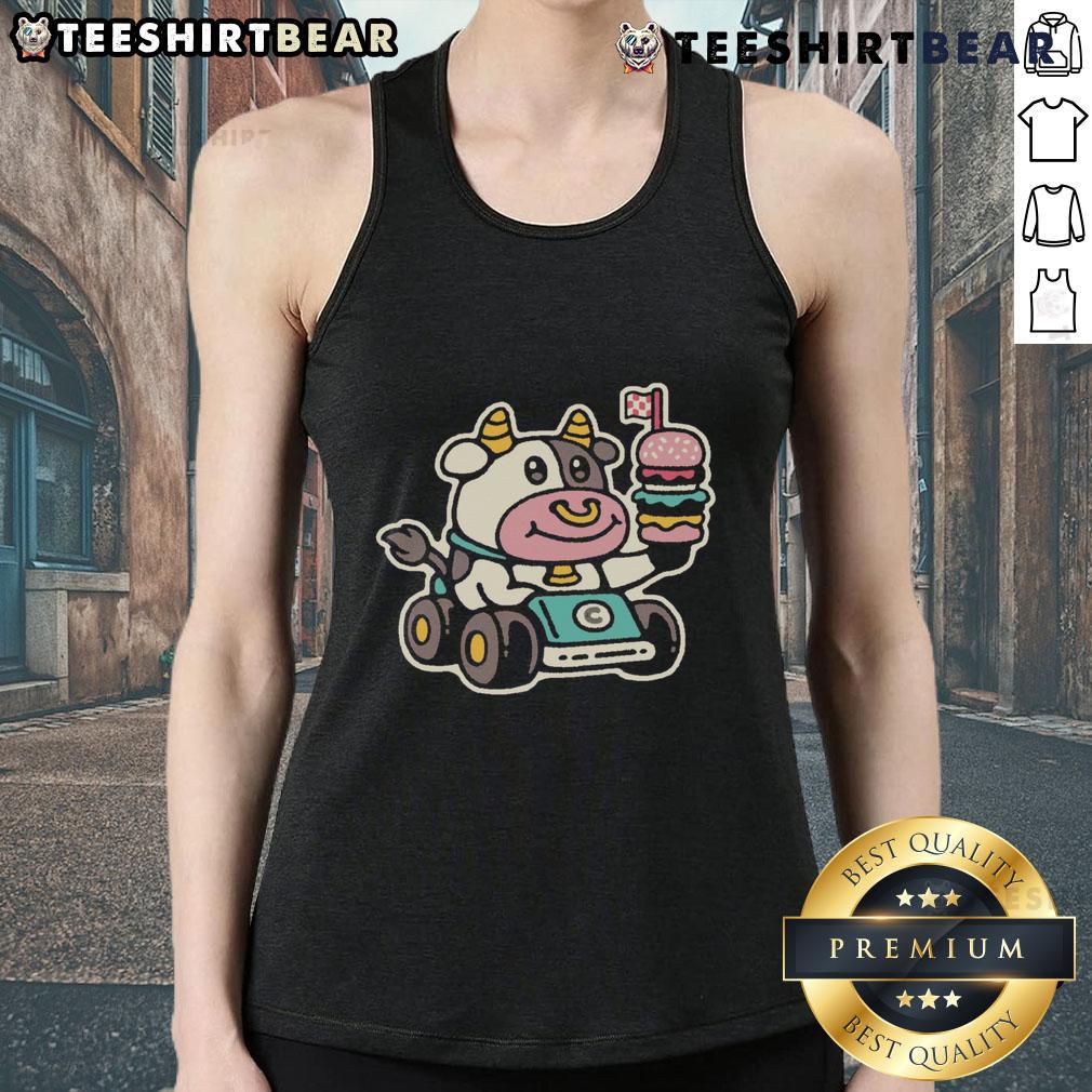 Cute Cow Burger Racer Fast Food Tank Top Cute cow burger racer graphic on a fast food tank top, perfect for food lovers and casual wear enthusiasts.