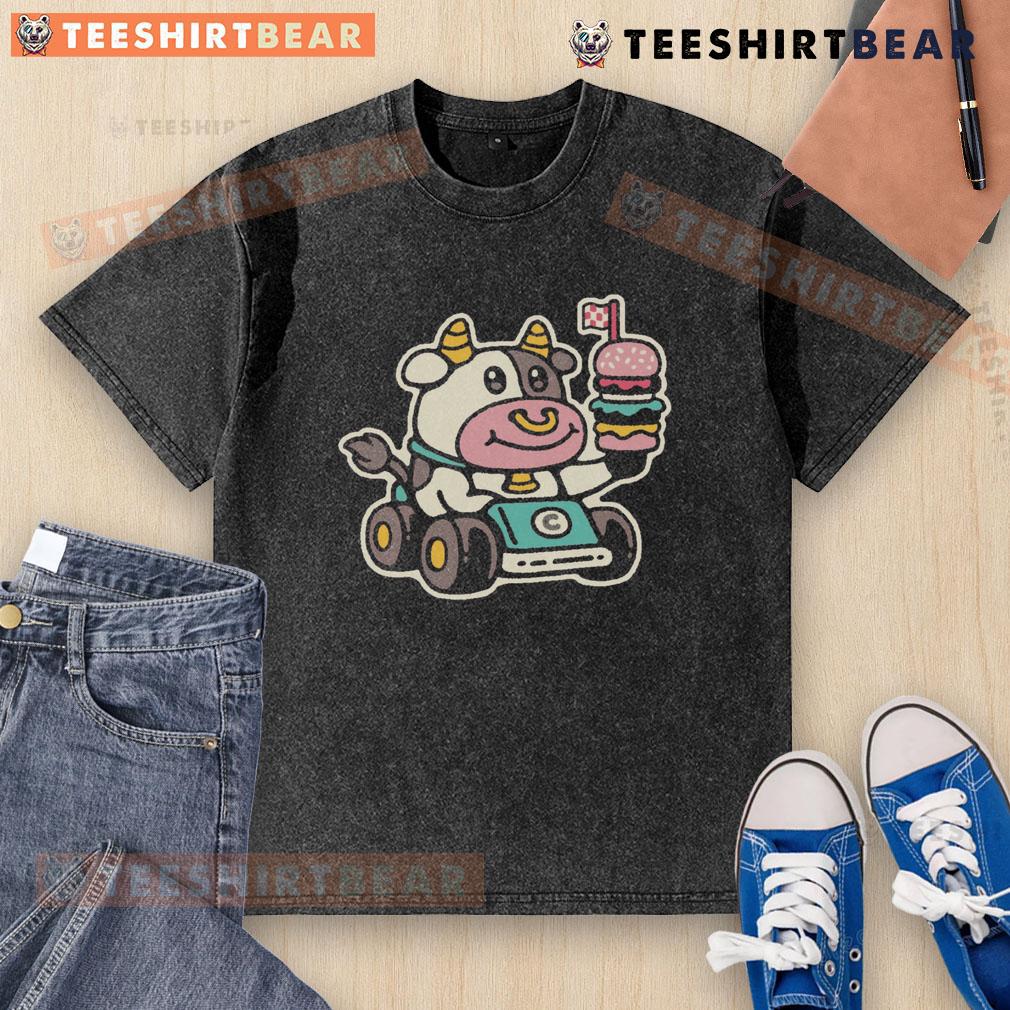 Cute Cow Burger Racer Fast Food Washed T Shirt Cute cow burger racer graphic on a washed t-shirt, perfect for fast food lovers and casual wear enthusiasts.