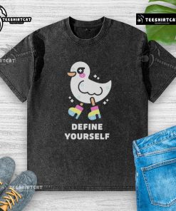 Alt Text: Cute Define Yourself Pride Duck washed t-shirt featuring a colorful duck design celebrating individuality and LGBTQ+ pride.